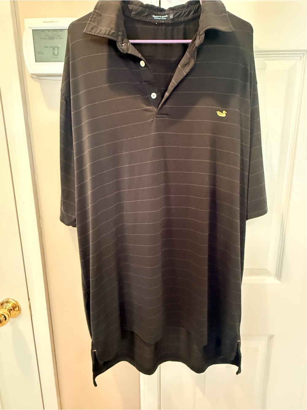 Southern Marsh Men's Black Polo with Thin Gray Stripes